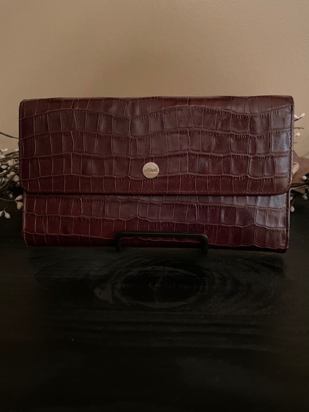 Abas Crocodile-Embossed Brown Leather Organizer Clutch